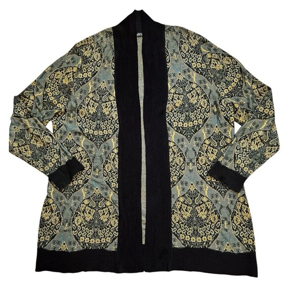 Peruvian Connection Printmaker Jacquard Knit Cardigan Pima Cotton Gold/Black XL - Picture 2 of 6